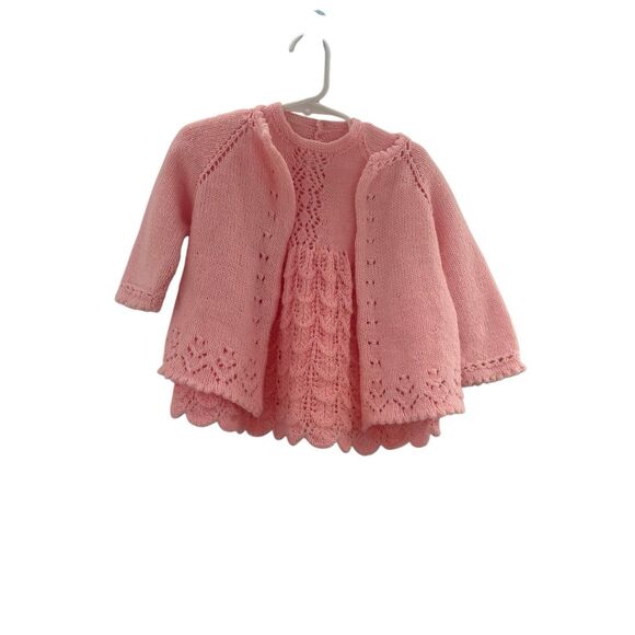 Vintage Handmade Baby Dress & Cardigan Set – Pink Knit Lace, Special Occasion Ou - Picture 15 of 16